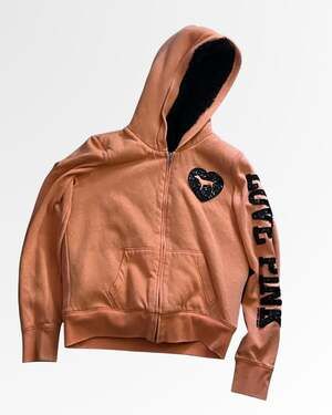 PINK Victoria's Secret Orange Sherpa Lined Sequin Heart Dog Zip-Up Hoodie Size M